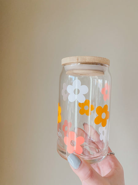 Retro Flowers Glass Cup